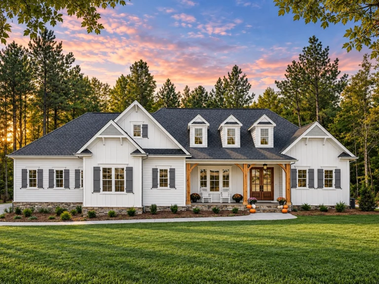 Front exterior of a New American Modern Traditional house featuring Craftsman influences, gabled rooflines, horizontal siding, board and batten accents, and a welcoming covered porch