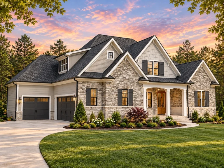 Front exterior view of a New American Modern Traditional style home featuring stone veneer, lap siding, shingle accents, and a welcoming covered entry