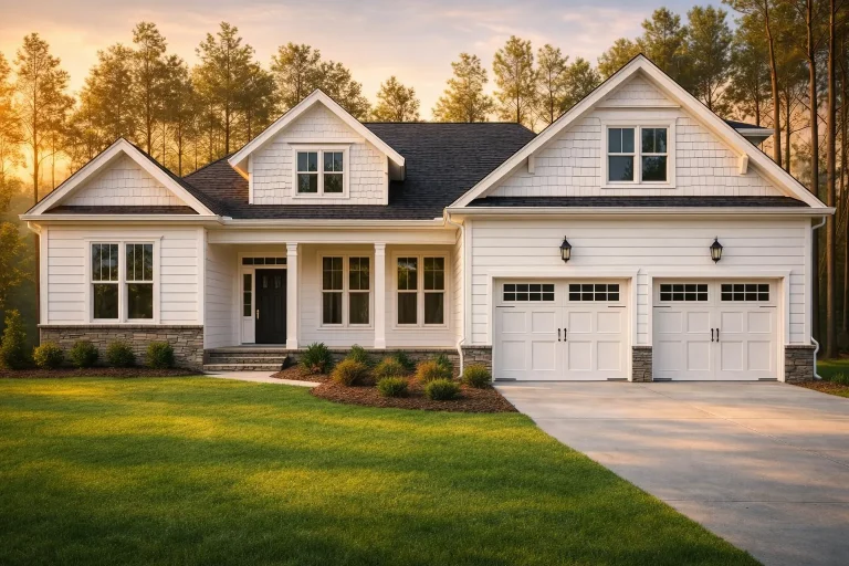 Front elevation of a Craftsman Ranch style home featuring horizontal siding, shake accents, stone detailing, and a welcoming covered porch