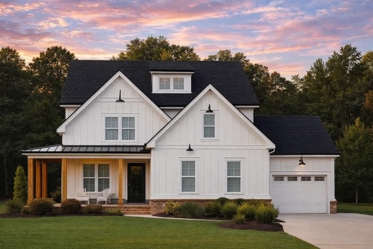 Front elevation of a New American Modern Traditional house featuring board and batten siding, steep gabled rooflines, black windows, and a welcoming covered entry