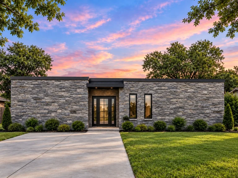Front elevation of a Modern Contemporary style home featuring smooth stucco exterior, flat rooflines, and minimalist balcony design