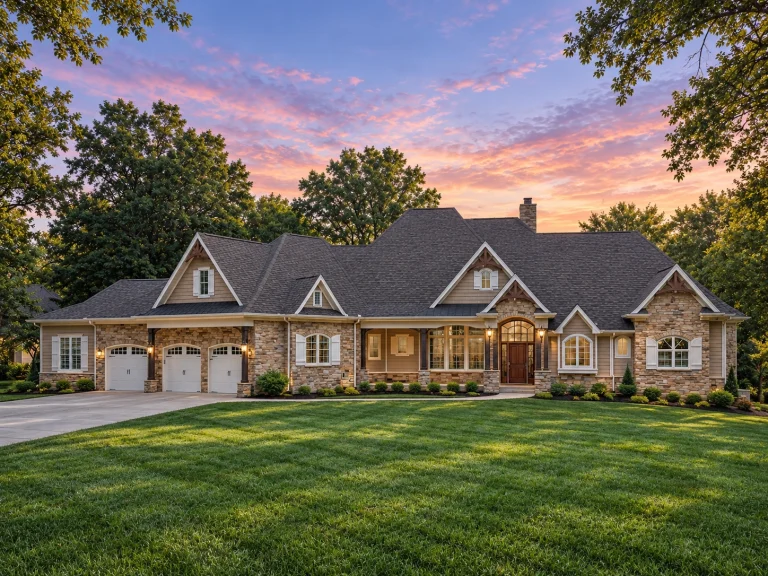 Front view of French Country European style home featuring a rich blend of brick and stone exterior, gabled rooflines, arched windows, and detailed wood accents