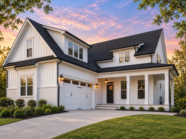 Ranch House Plans 2 Front elevation of a New American coastal farmhouse style home featuring board and batten siding, covered porch, and classic modern traditional detailing