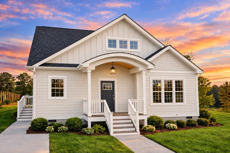 Low Country House Plans 20 Front elevation of a Craftsman Cottage style home featuring shingle siding, stone wainscoting, arched entry, and symmetrical gables