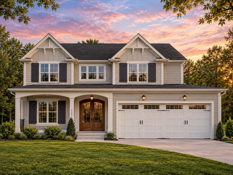 Front elevation of Traditional Colonial Revival style home with white lap siding, blue shutters, covered porch, and two-car garage