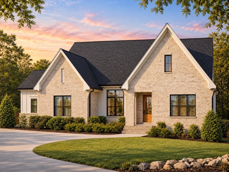 Front elevation of a Traditional New American style home with brick exterior, steep gabled rooflines, black window accents, and refined European-inspired detailing