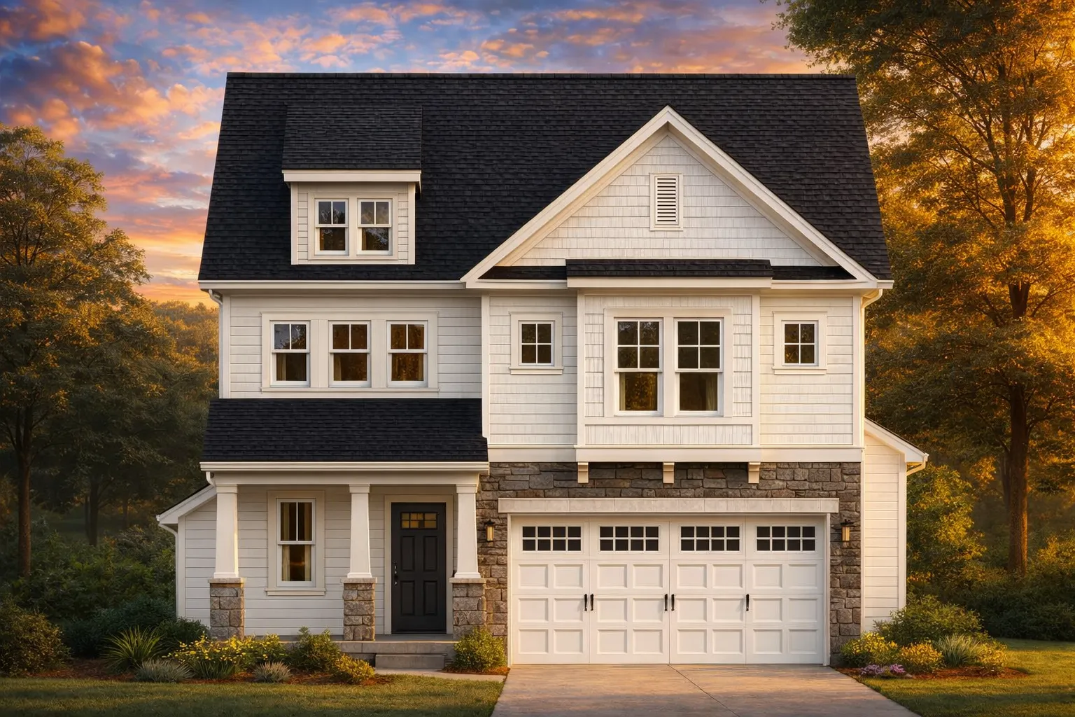 Front elevation of a New American modern traditional home with board and batten siding, gabled rooflines, and an attached two-car garage