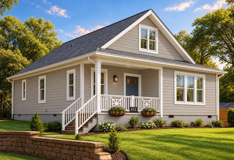 Barndominium House Plans 23 Front view of a Traditional Cottage style house with blue lap siding, white trim, gable dormer, and inviting covered porch entry