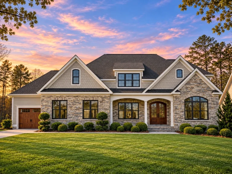 Front elevation of a New American style home with horizontal siding, stone accents, gabled rooflines, and Craftsman-inspired detailing