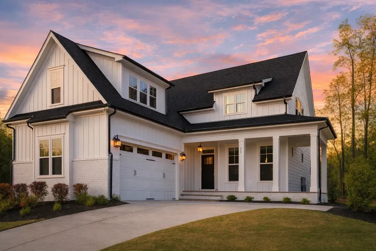 Front elevation of a New American coastal farmhouse style home featuring board and batten siding, covered porch, and classic modern traditional detailing