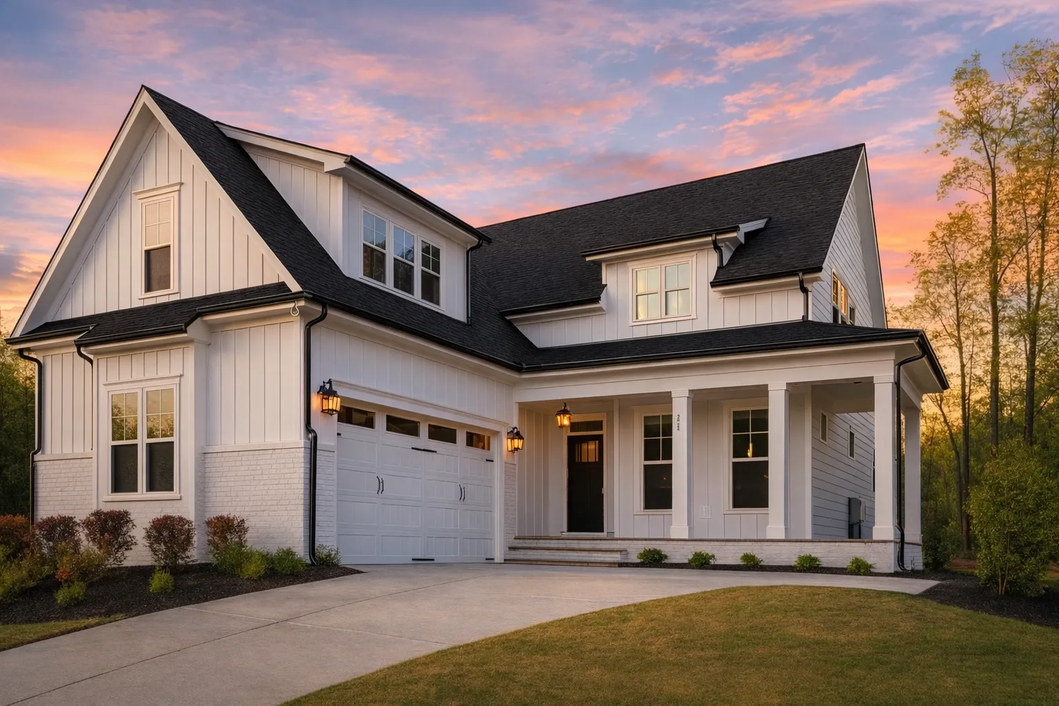Modern House Plans 11 Front elevation of a New American coastal farmhouse style home featuring board and batten siding, covered porch, and classic modern traditional detailing