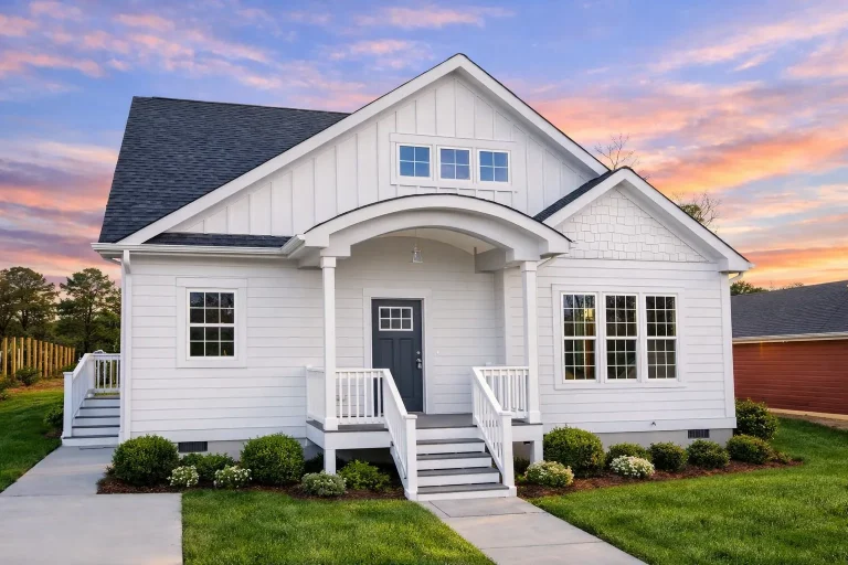 Front elevation of a Craftsman Cottage style home featuring shingle siding, stone wainscoting, arched entry, and symmetrical gables