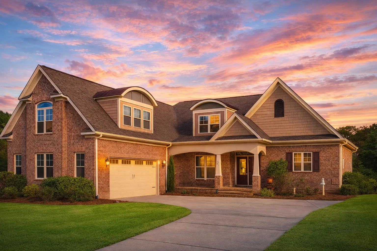 Front exterior view of a New American style home featuring brick construction, shingle gables, a covered front porch, and a two-car garage