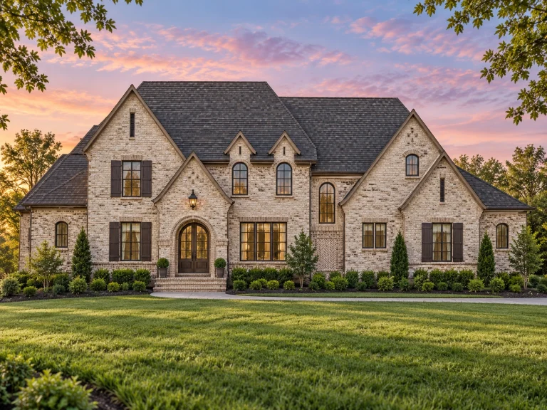 Barndominium House Plans 4 Front elevation of a Traditional Colonial style home featuring a brick exterior, symmetrical windows with shutters, gabled rooflines, and a centered arched entry