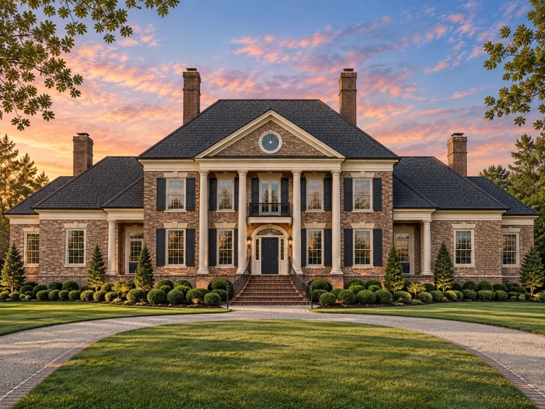 Barndominium House Plans 2 Front elevation of a Georgian Neoclassical style home featuring a symmetrical brick exterior, classical columns, and balanced window design