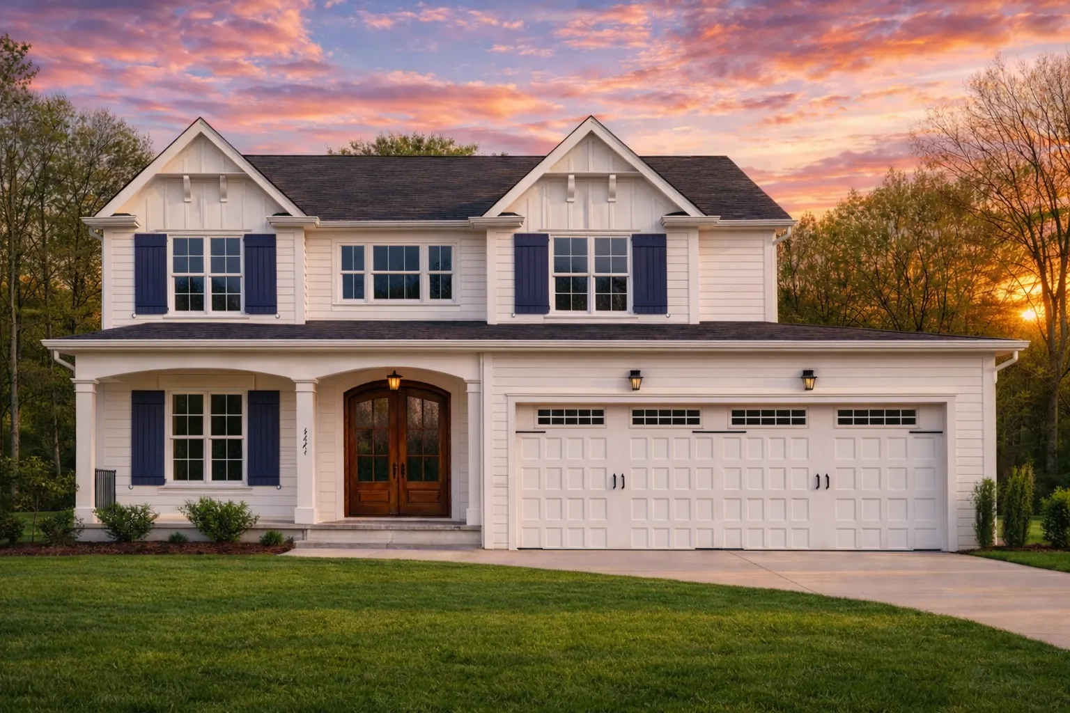Front elevation of Traditional Colonial Revival style home with white lap siding, blue shutters, covered porch, and two-car garage