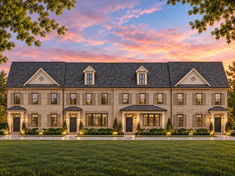 Front elevation of a Georgian and Federal style townhome featuring a symmetrical brick exterior, classic shutters, dormer windows, and formal entryways