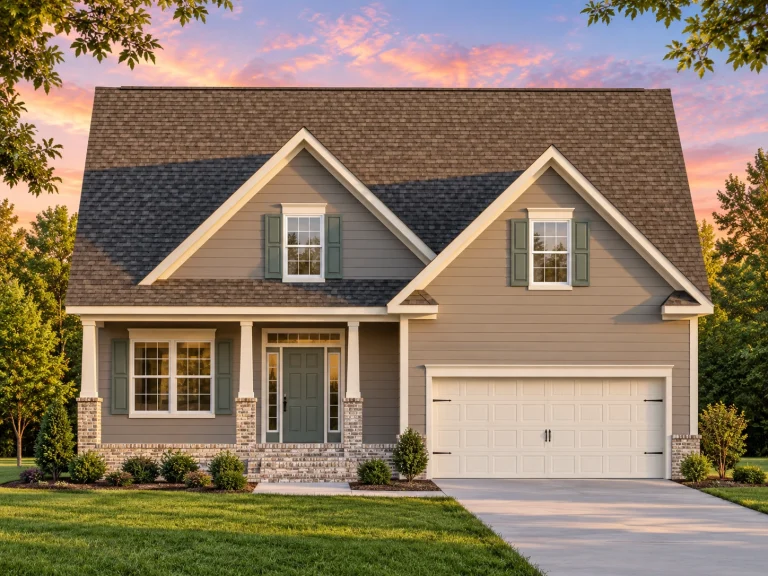 Front elevation of a Cape Cod style house with navy horizontal siding, white trim, and brick base columns creating a timeless traditional look.