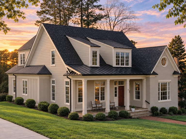Front exterior of a Coastal Farmhouse style home featuring board and batten siding, metal porch roof, dormer windows, and a welcoming covered front porch