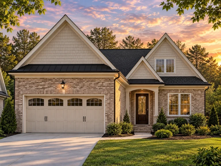 Contemporary House Plans 21 Front elevation of a New American style home with brick exterior, shingle gables, double garage, and traditional suburban detailing