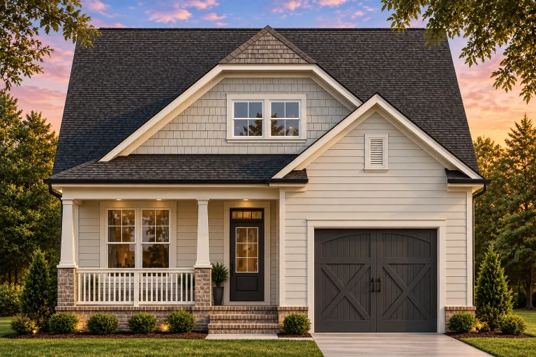 Front elevation of Craftsman cottage style home with horizontal lap siding, shake shingle gables, brick base, and single-car garage