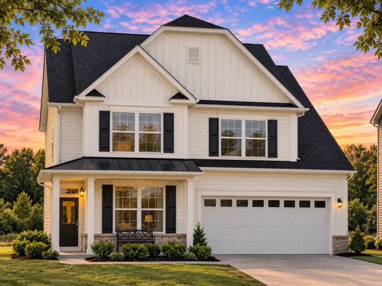 Front elevation of a two-story Modern Farmhouse with board and batten gables, white lap siding, black shutters, and attached two-car garage
