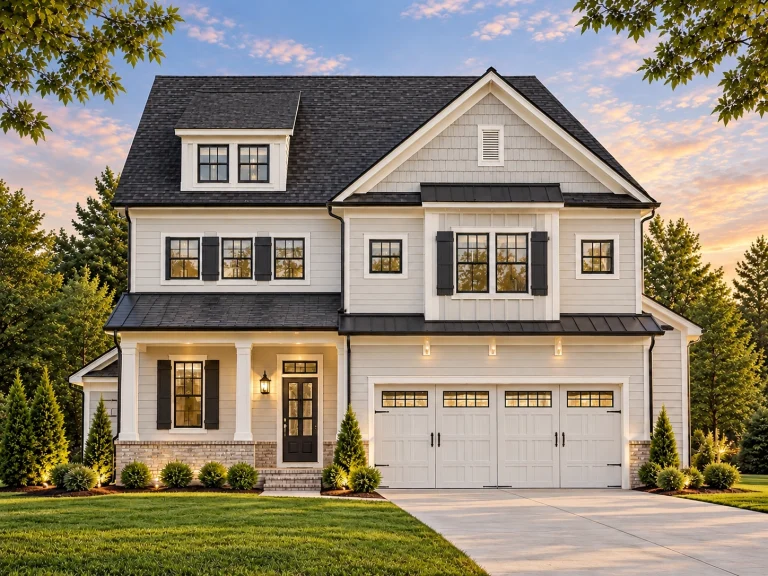 Front elevation of a New American modern traditional home with board and batten siding, gabled rooflines, and an attached two-car garage