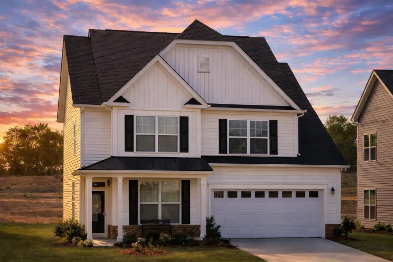 Transitional House Plans 13 Front elevation of a two-story Modern Farmhouse with board and batten gables, white lap siding, black shutters, and attached two-car garage