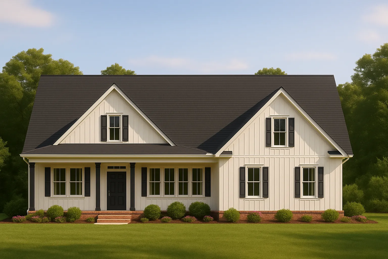 Front elevation of a Modern Farmhouse style home featuring board and batten, horizontal siding, large front porch, and classic symmetrical windows