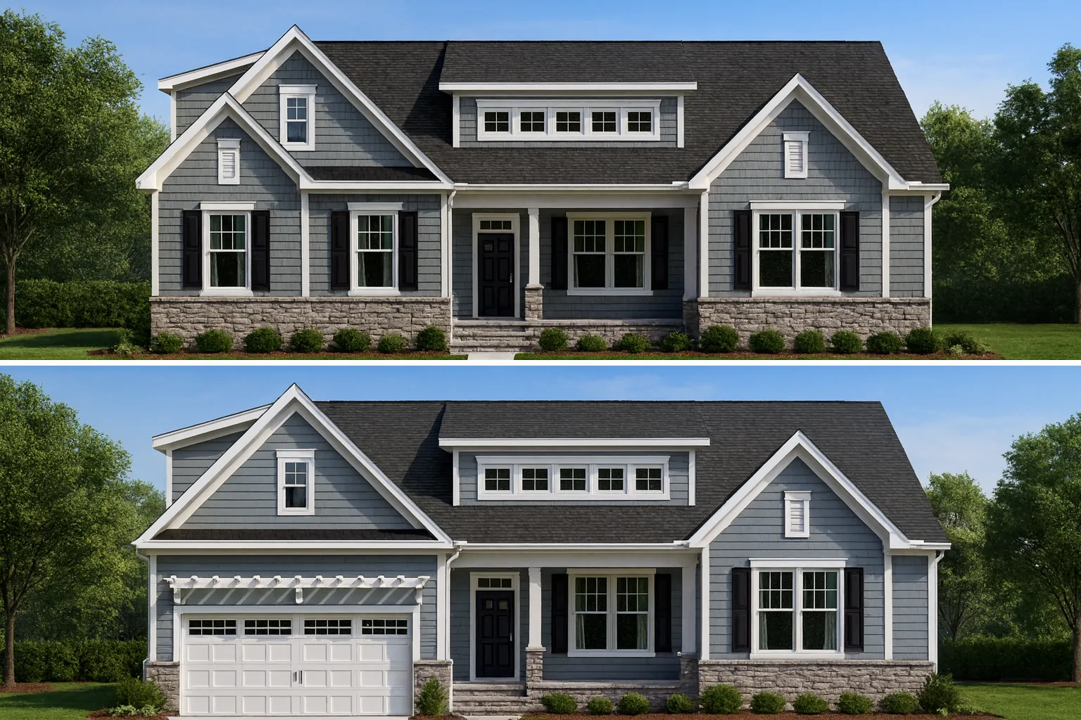 Front elevation of a Craftsman style home featuring stone, board and batten siding, horizontal lap siding, and warm wood shutters