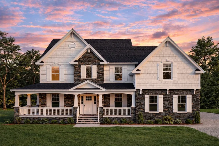 Front elevation of a Traditional New American Colonial style home featuring stone veneer, horizontal siding, black shutters, and a covered front porch