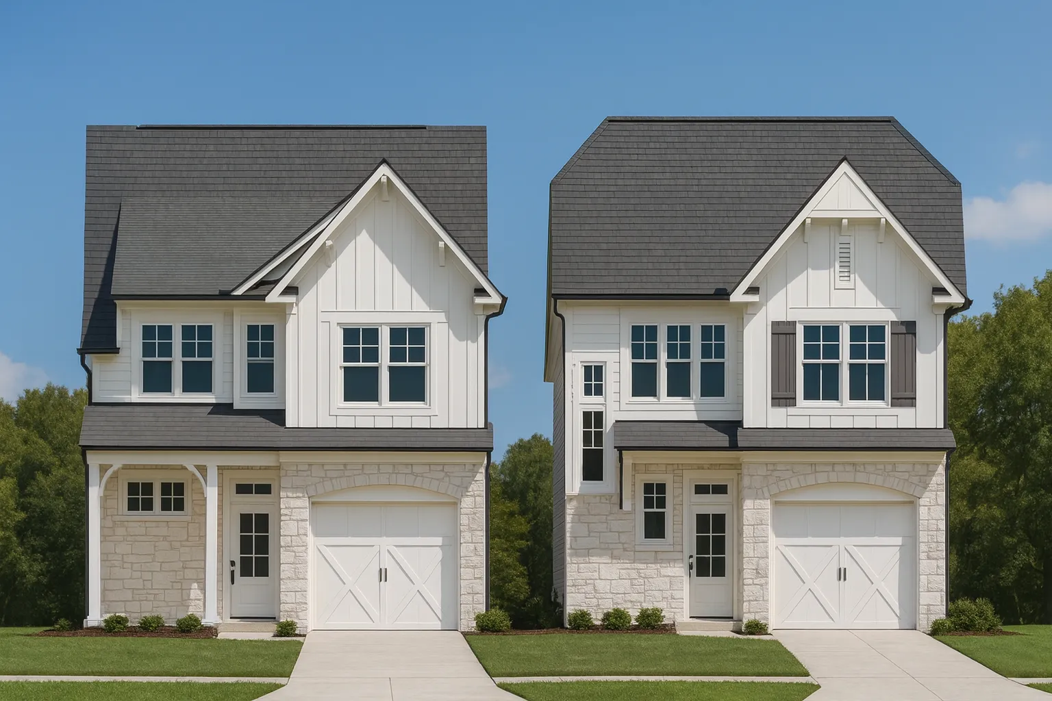 Front view of a Modern Farmhouse style home featuring board and batten siding, stone accents, and a one-car garage with dark wood doors.