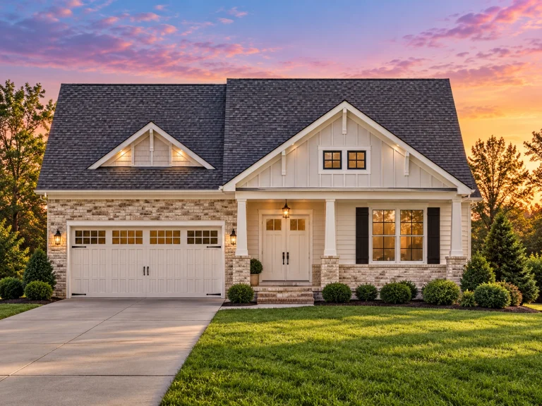 Southwestern House Plans 3 Front view of a Craftsman Cottage style home featuring board and batten siding, stone accents, and warm wood trim with a front-entry garage.