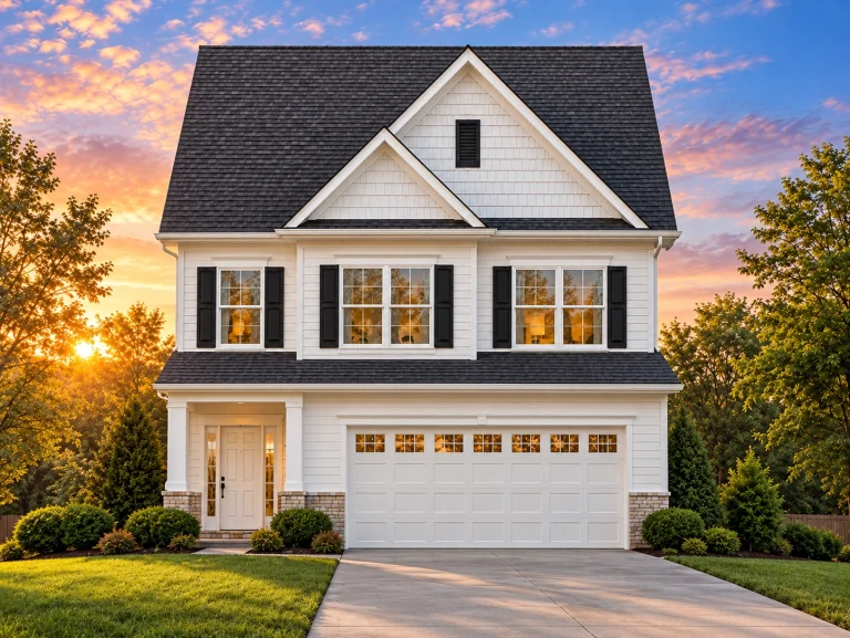 Modern Farmhouse House Plans 10 Front elevation of a two-story Traditional Colonial home featuring navy horizontal siding, white trim, brown shutters, and a two-car garage.