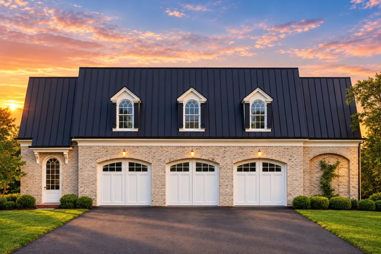 Front elevation of a Traditional Colonial style three-car garage with horizontal siding, dormer windows, and symmetrical carriage-style design