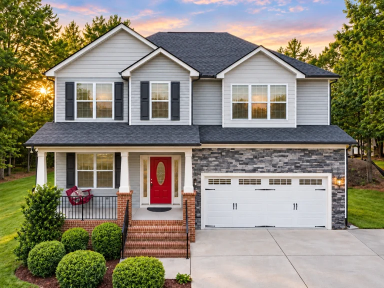 Front elevation of a Traditional Colonial home featuring beige horizontal siding, stone foundation accents, black shutters, and a welcoming covered porch entry.