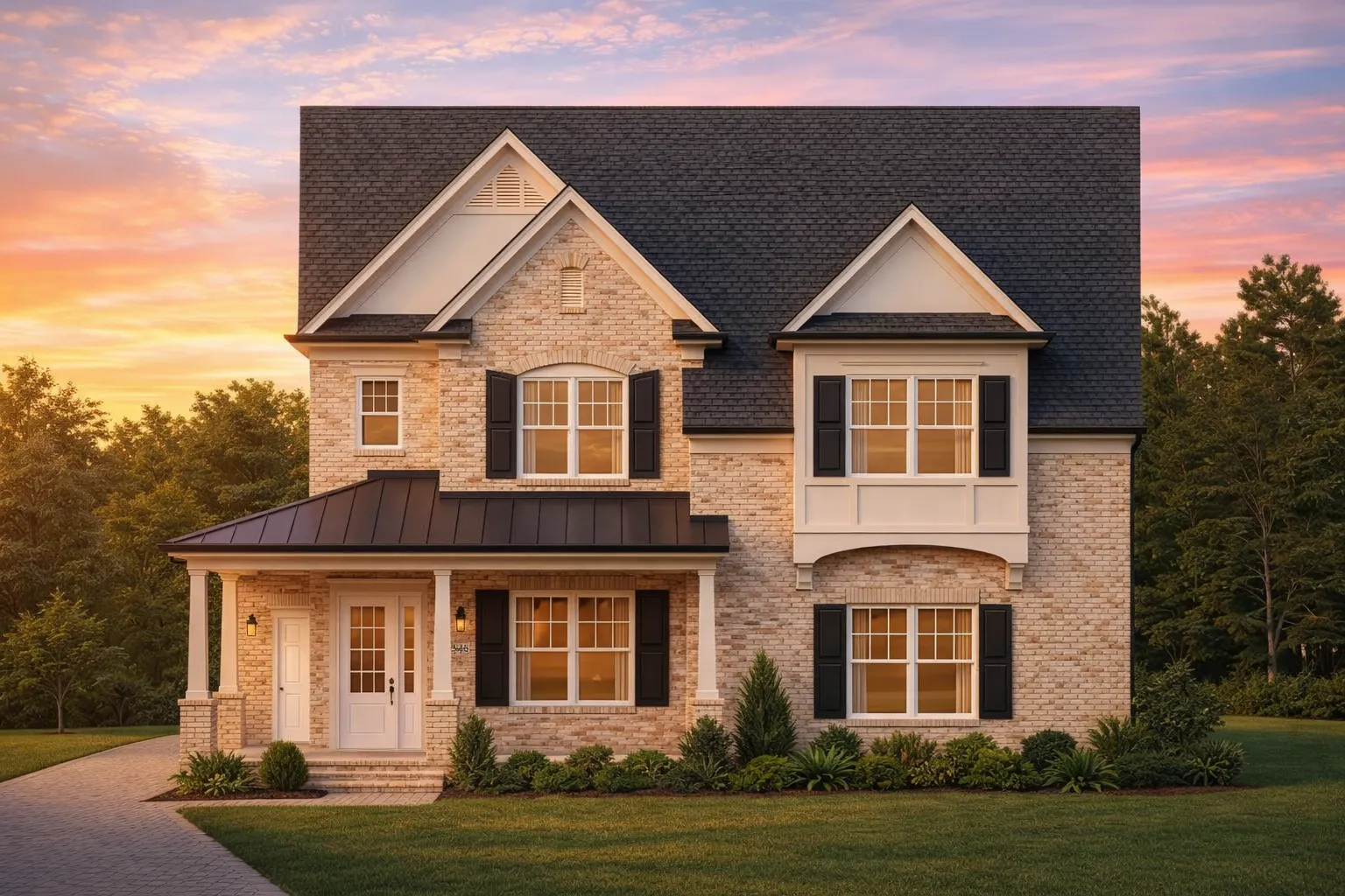 Front elevation of a Traditional Colonial style home with red brick exterior, blue shutters, gabled rooflines, and covered front porch