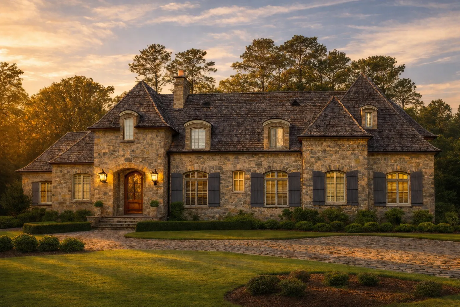 Front elevation of a French Country style luxury home featuring natural stone exterior, steep hip roof, symmetrical windows, and refined European detailing