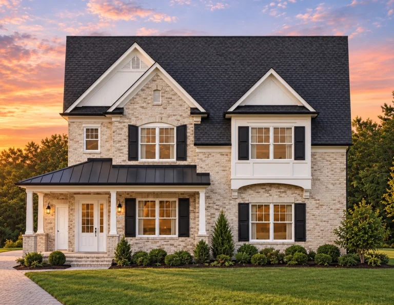 French Country Farmhouse Plans 15 Front elevation of a Traditional Colonial style home with red brick exterior, blue shutters, gabled rooflines, and covered front porch