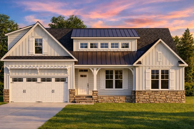 Front elevation of a Craftsman style home featuring stone, board and batten siding, horizontal lap siding, and warm wood shutters