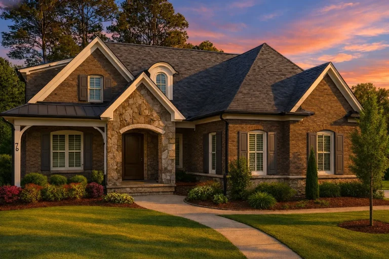 Front elevation of a New American Modern Traditional house with brick and stone exterior, gabled rooflines, and Craftsman-inspired entry