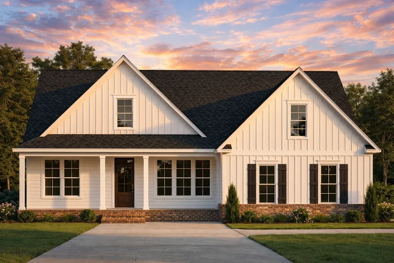 Front elevation of a Modern Farmhouse style home featuring board and batten, horizontal siding, large front porch, and classic symmetrical windows