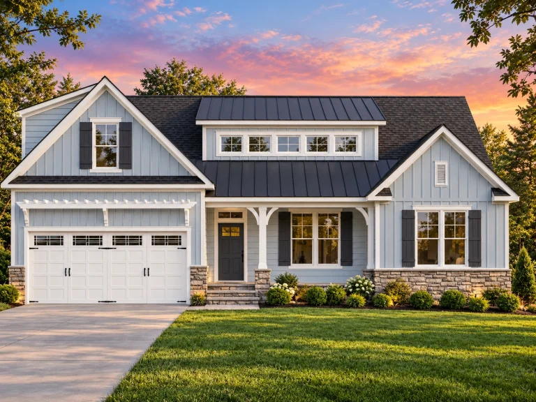Front elevation of a Craftsman style home featuring stone, board and batten siding, horizontal lap siding, and warm wood shutters