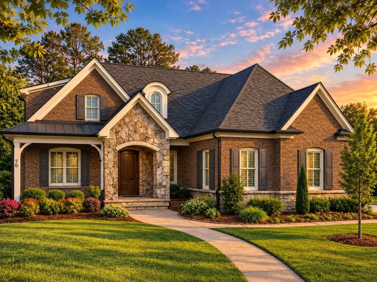 Front elevation of a New American Modern Traditional house with brick and stone exterior, gabled rooflines, and Craftsman-inspired entry