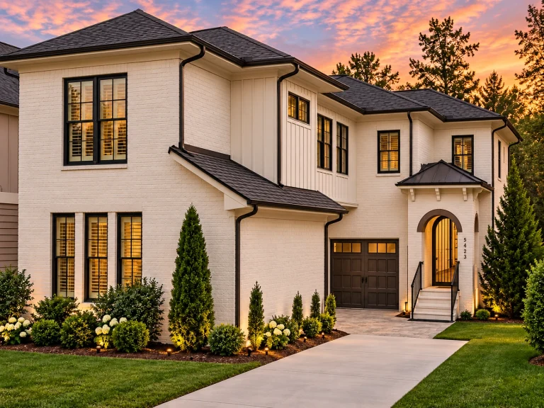 Top Designer-Approved House Plans 24 Front exterior of a Traditional Colonial New American home with painted brick facade, board and batten accents, and classic symmetrical architecture
