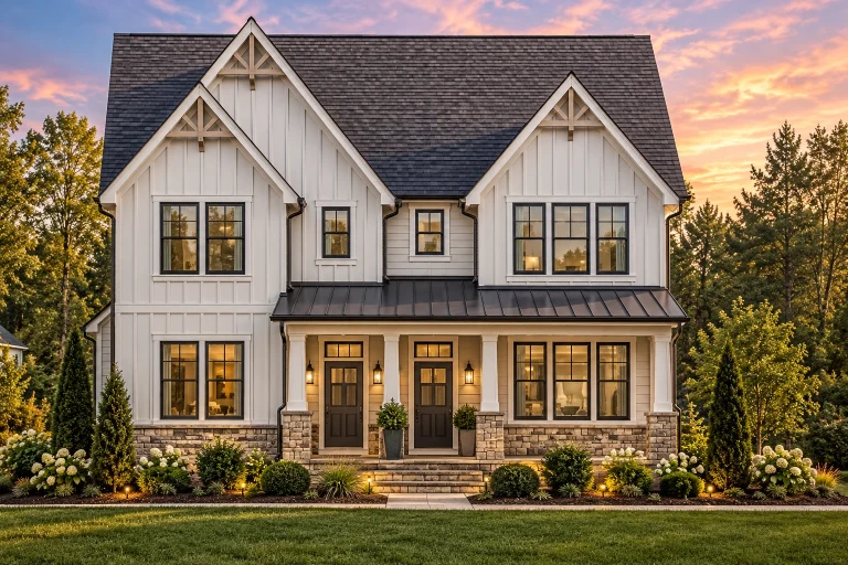 Top Designer-Approved House Plans 7 Front view of a Modern Farmhouse style home featuring blue board and batten siding, Craftsman trim accents, and symmetrical gables with wood brackets