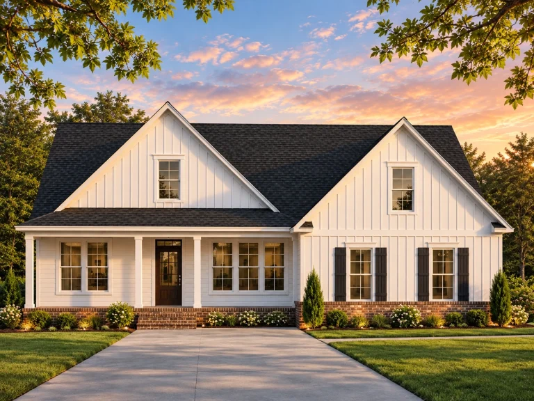 Front elevation of a Modern Farmhouse style home featuring board and batten, horizontal siding, large front porch, and classic symmetrical windows