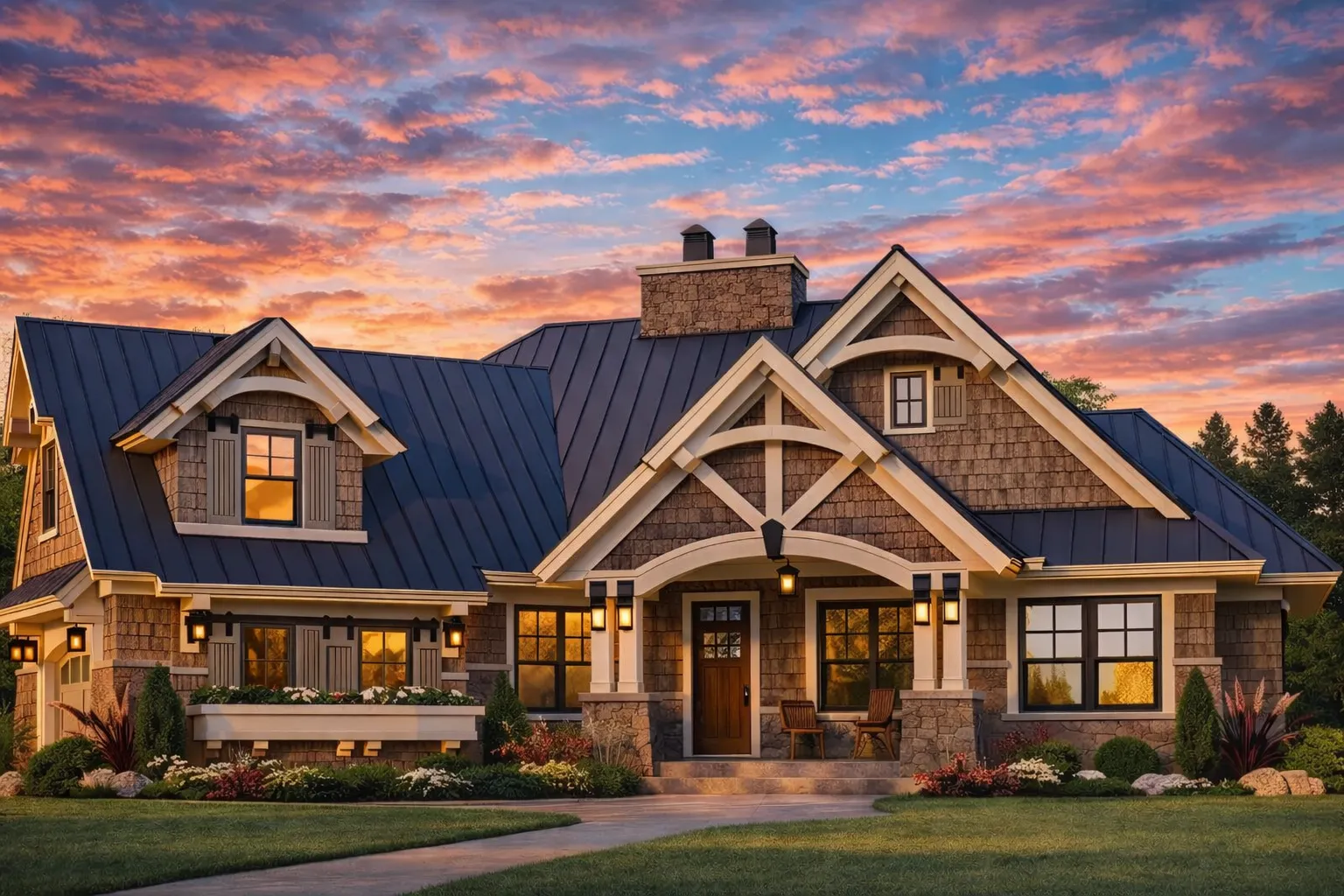 Front elevation of a Craftsman Shingle Style house featuring cedar shingle siding, stone accents, gabled rooflines, and a covered porch