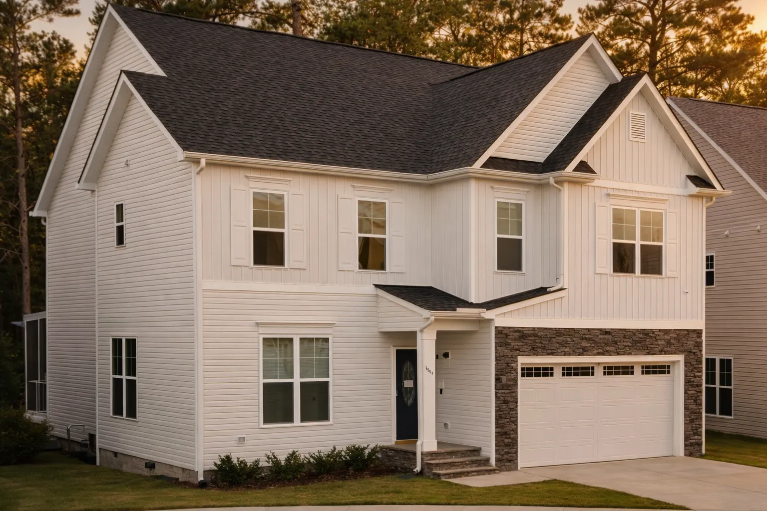 Front exterior of a New American Modern Traditional two-story home with horizontal siding, stone accents, gabled rooflines, and attached two-car garage