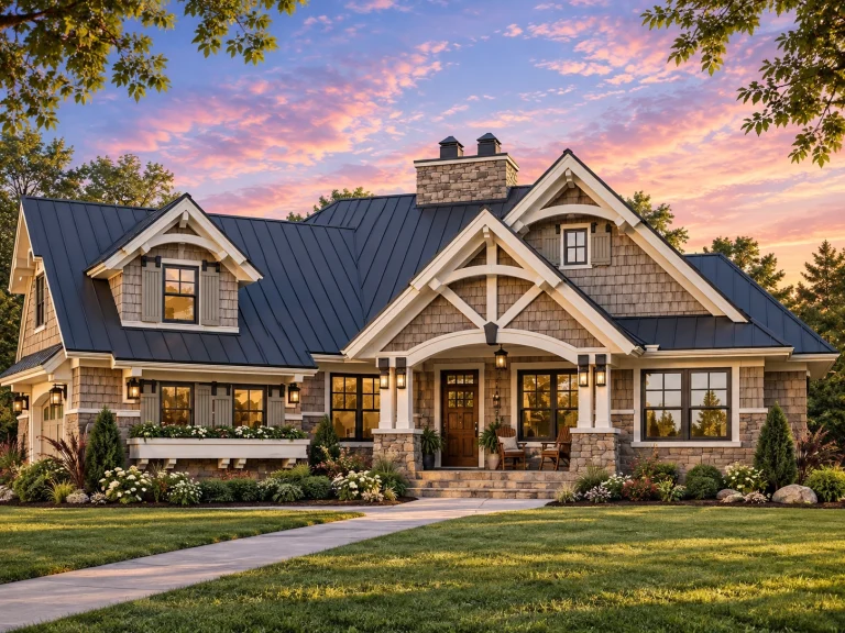 Front elevation of a Craftsman Shingle Style house featuring cedar shingle siding, stone accents, gabled rooflines, and a covered porch